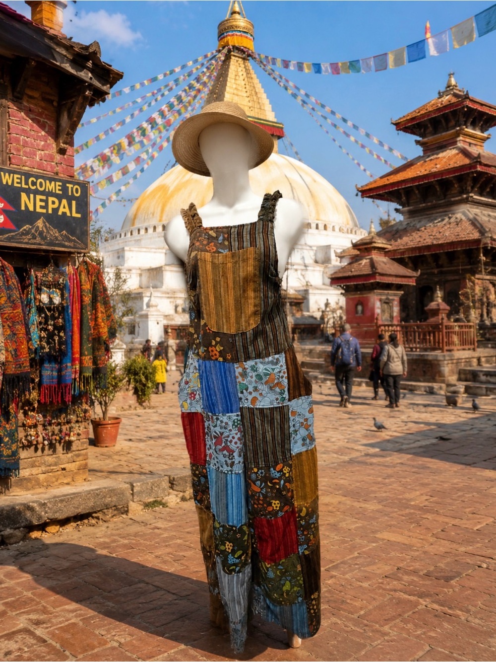 Kathmandu Patchwork romper in Green, Brown & Blue o/s